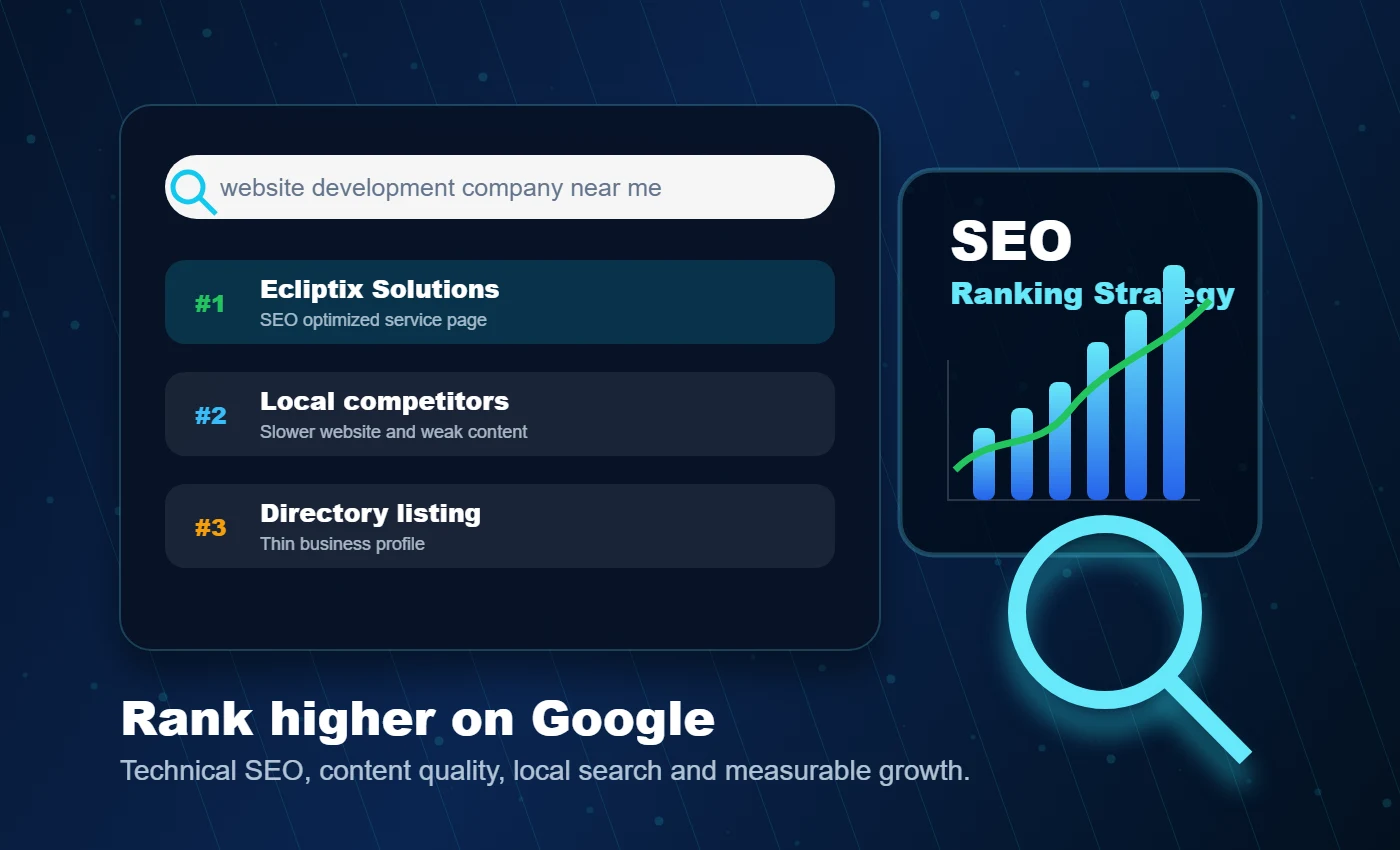 SEO ranking dashboard showing Google search results, ranking growth, and keyword performance